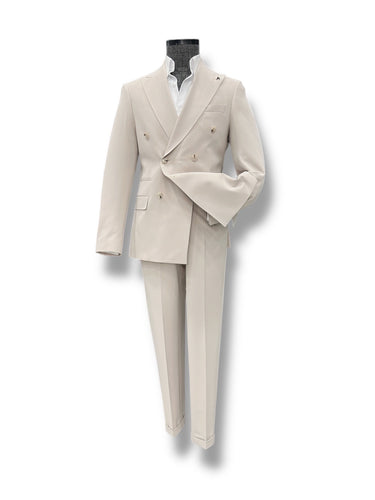 Slim Fit Likralı Çift Yırtmaç Kruvaze Bej Form Takım Elbise