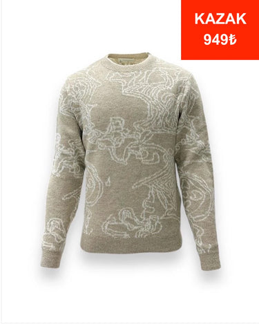 Standart Fit İri Desenli Bej Erkek Blend Kazak