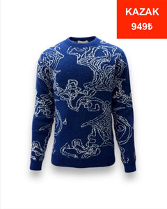 Standard Fit Large Pattern Blue Men's Blend Sweater