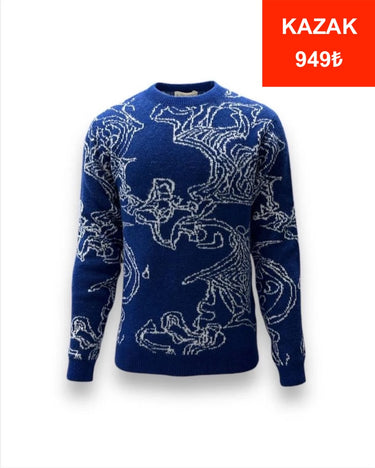 Standart Fit İri Desenli Mavi Erkek Blend Kazak