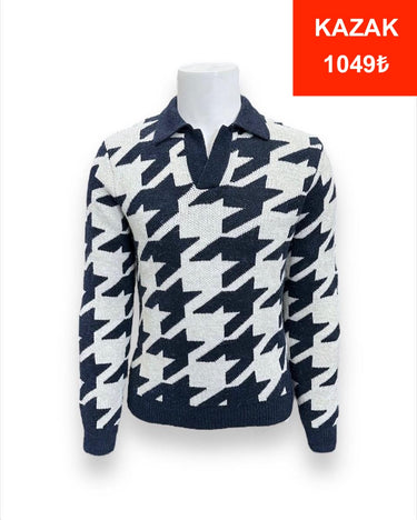 Standart Fit Yakalı Kazayağı Lacivert Desenli Erkek Hampton Kazak