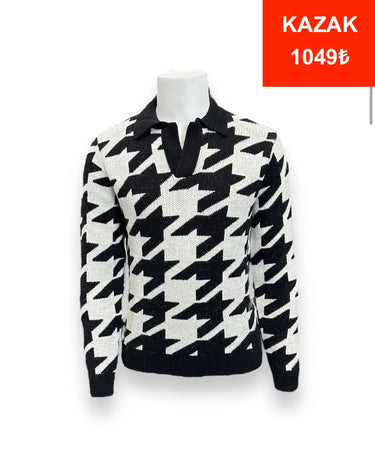 Standart Fit Yakalı Kazayağı Siyah Desenli Erkek Hampton Kazak