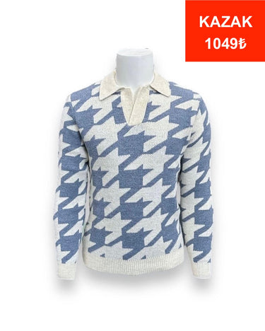 Standart Fit Yakalı Kazayağı Mavi Desenli Erkek Hampton Kazak