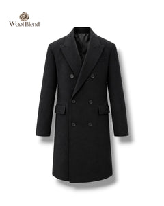 Slim Fit  Yün Karışımlı Kruvaze Siyah Majestic Palto