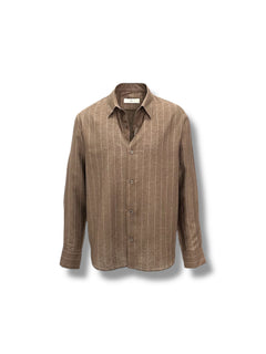 Relax Fit Çizgili Kahverengi Lino Keten Gömlek