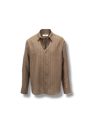 Relax Fit Çizgili Kahverengi Lino Keten Gömlek