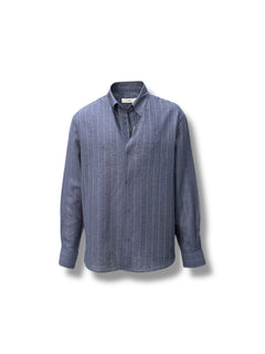 Relax Fit Çizgili İndigo Lino Keten Gömlek