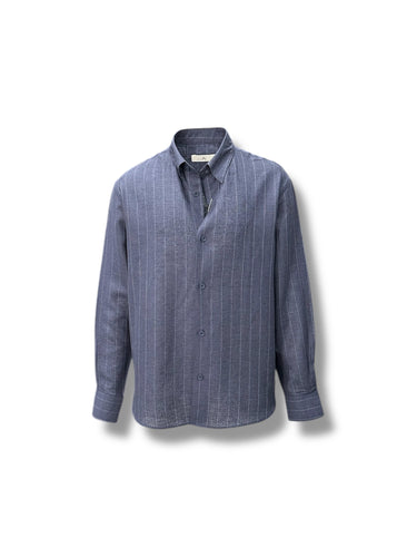 Relax Fit Çizgili İndigo Lino Keten Gömlek