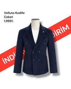 Velluto Navy Blue Double-Breasted Velvet Jacket with Patch Pockets - Sale