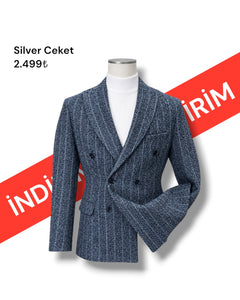 Slim Fit Thick Cashmere Double-Breasted Blue Silver Jacket | Sale