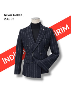 Slim Fit Thick Cashmere Double-Breasted Navy Silver Jacket | Sale