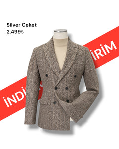 Slim Fit Thick Cashmere Double-Breasted Beige Silver Jacket | Sale