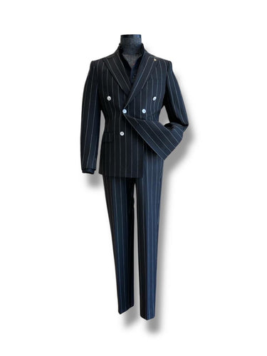 Siyah Regular Fit Çizgili Kruvaze Takım Elbise