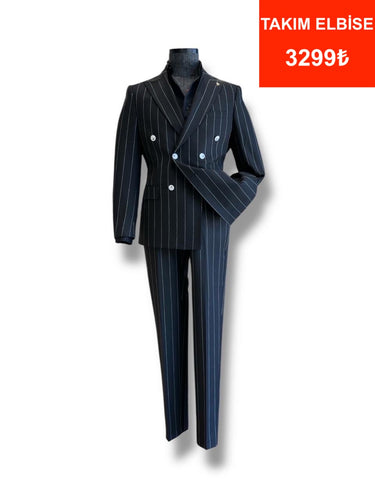 Siyah Regular Fit Çizgili Kruvaze Takım Elbise