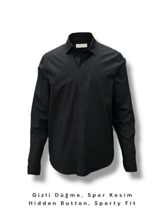 Black Comfort Fit Hidden Button Cotton Shirt