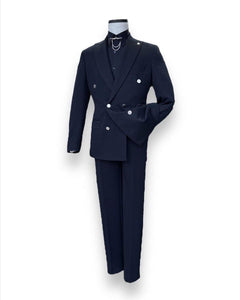 Slim Fit Likralı Lacivert Kruvaze Takım Elbise