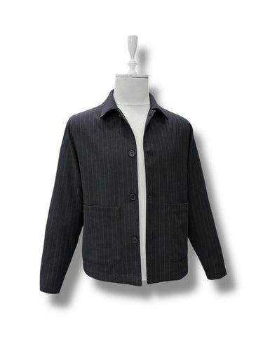 Siyah Standart Fit Çizgili Yün Mont