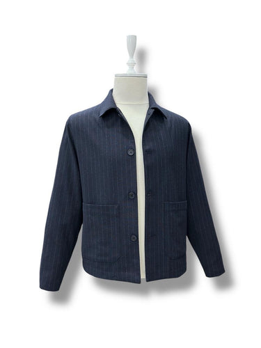 Lacivert Standart Fit Çizgili Yün Mont