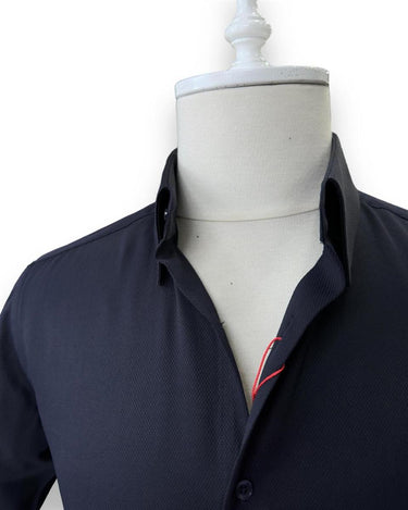Slim Fit Stand Collar Hidden Button Navy Swagg Shirt