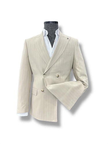 Bej Gölge Çizgili Slim Fit Kruvaze Takım Elbise