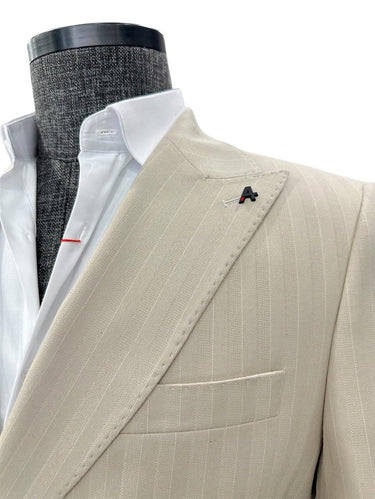 Bej Gölge Çizgili Slim Fit Kruvaze Takım Elbise