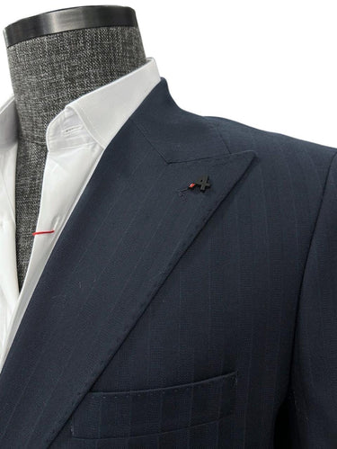 Lacivert Gölge Çizgili Slim Fit Kruvaze Takım Elbise