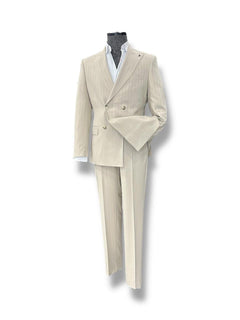 Beige Shadow Striped Slim Fit Double-Breasted Suit
