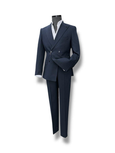 Lacivert Gölge Çizgili Slim Fit Kruvaze Takım Elbise