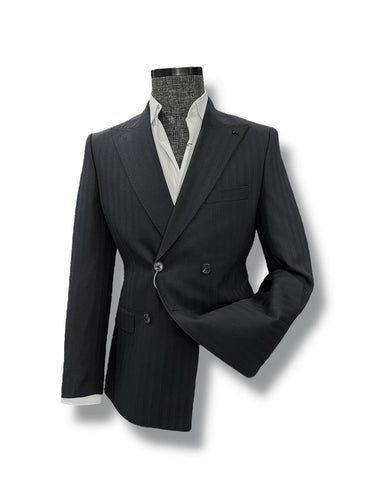 Siyah Gölge Çizgili Slim Fit Kruvaze Takım Elbise