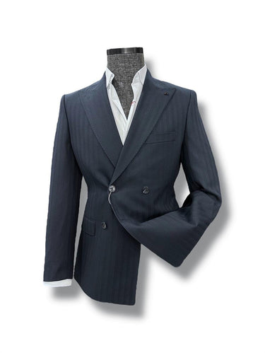 Lacivert Gölge Çizgili Slim Fit Kruvaze Takım Elbise